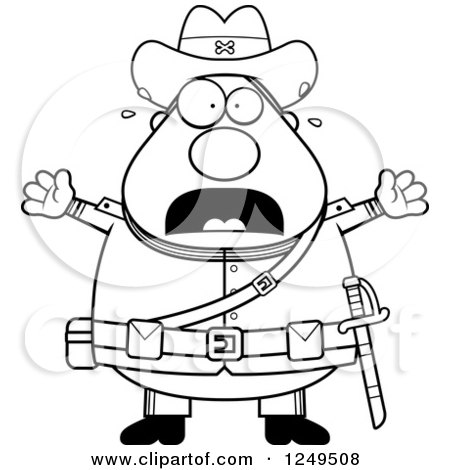 Clipart of a Black and White Scared Screaming Chubby Civil War Confederate Soldier Man - Royalty Free Vector Illustration by Cory Thoman