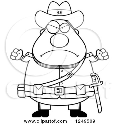 Clipart of a Black and White Mad Chubby Civil War Confederate Soldier Man with Balled Fists - Royalty Free Vector Illustration by Cory Thoman