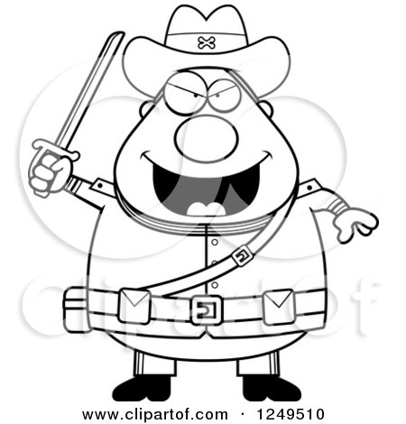 Clipart of a Black and White Chubby Civil War Confederate Soldier Man Holding up a Sword - Royalty Free Vector Illustration by Cory Thoman