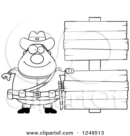 Clipart of a Black and White Happy Chubby Civil War Confederate Soldier Man with Blank Wood Signs - Royalty Free Vector Illustration by Cory Thoman
