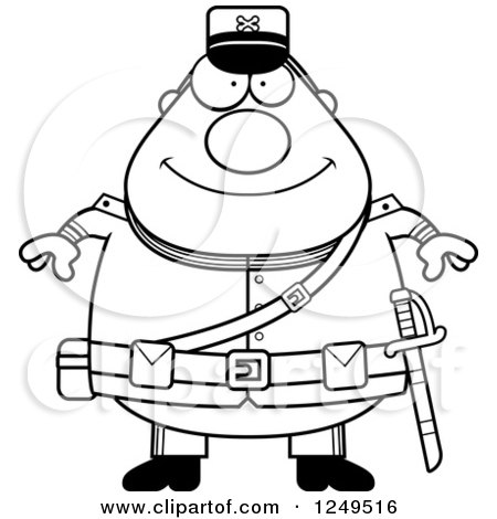 Clipart of a Black and White Happy Chubby Civil War Union Soldier Man - Royalty Free Vector Illustration by Cory Thoman