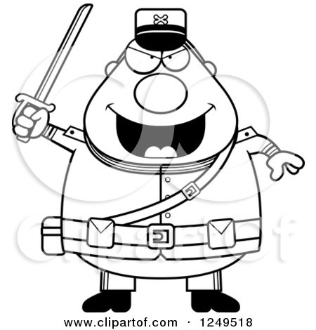 Clipart of a Black and White Chubby Civil War Union Soldier Man Holding up a Sword - Royalty Free Vector Illustration by Cory Thoman