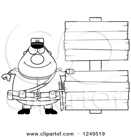 Clipart of a Black and White Happy Chubby Civil War Union Soldier Man with Wooden Signs - Royalty Free Vector Illustration by Cory Thoman