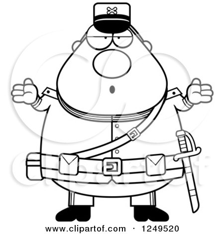 Clipart of a Black and White Careless Shrugging Chubby Civil War Union Soldier Man - Royalty Free Vector Illustration by Cory Thoman