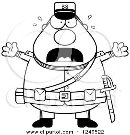 Clipart of a Black and White Scared Screaming Chubby Civil War Union Soldier Man - Royalty Free Vector Illustration by Cory Thoman