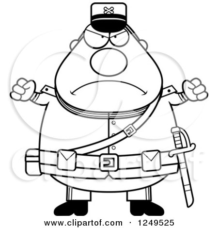 Clipart of a Black and White Mad Chubby Civil War Union Soldier Man with Balled Fists - Royalty Free Vector Illustration by Cory Thoman