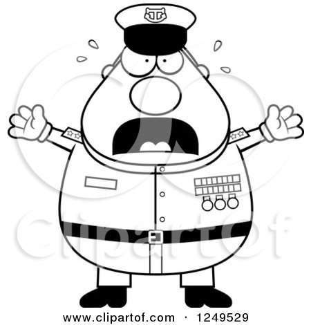 Clipart of a Black and White Scared Screaming Chubby Navy Admiral Man - Royalty Free Vector Illustration by Cory Thoman