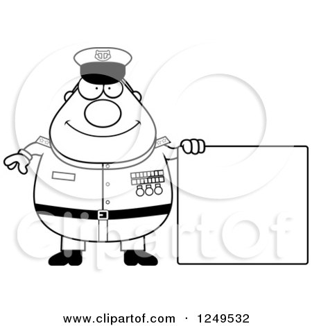 Clipart of a Black and White Happy Chubby Navy Admiral Man by a Blank Sign - Royalty Free Vector Illustration by Cory Thoman