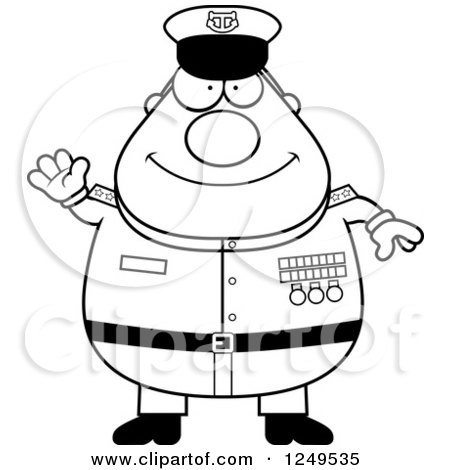 Clipart of a Black and White Friendly Waving Chubby Navy Admiral Man - Royalty Free Vector Illustration by Cory Thoman