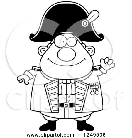 Clipart of a Black and White Friendly Waving Chubby Old Admiral Man - Royalty Free Vector Illustration by Cory Thoman