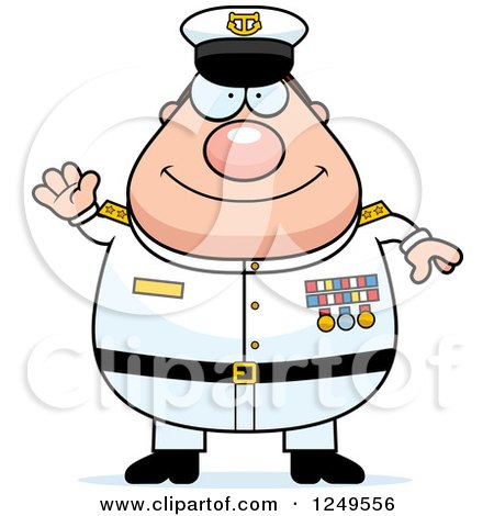 Clipart of a Friendly Waving Chubby Navy Admiral Man - Royalty Free Vector Illustration by Cory Thoman