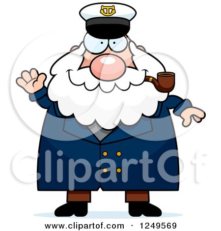 Clipart of a Friendly Waving Chubby Sea Captain Man Smoking a Pipe - Royalty Free Vector Illustration by Cory Thoman