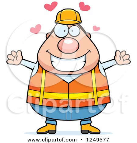 Clipart of a Loving Chubby Road Construction Worker Man Wanting a Hug - Royalty Free Vector Illustration by Cory Thoman