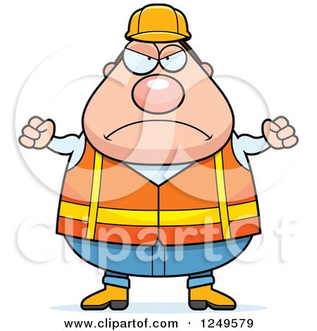 Clipart of a Mad Chubby Road Construction Worker Man with Balled Fists - Royalty Free Vector Illustration by Cory Thoman