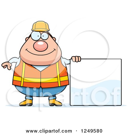 Clipart of a Happy Chubby Road Construction Worker Man Holding a Blank Sign - Royalty Free Vector Illustration by Cory Thoman