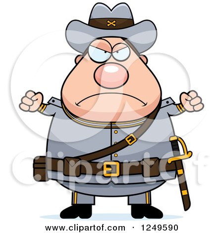 Clipart of a Mad Chubby Civil War Confederate Soldier Man with Balled Fists - Royalty Free Vector Illustration by Cory Thoman