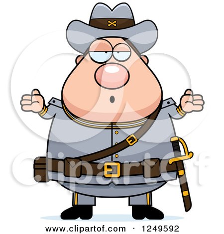 Clipart of a Careless Shrugging Chubby Civil War Confederate Soldier Man - Royalty Free Vector Illustration by Cory Thoman