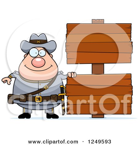 Clipart of a Happy Chubby Civil War Confederate Soldier Man with Blank Wood Signs - Royalty Free Vector Illustration by Cory Thoman