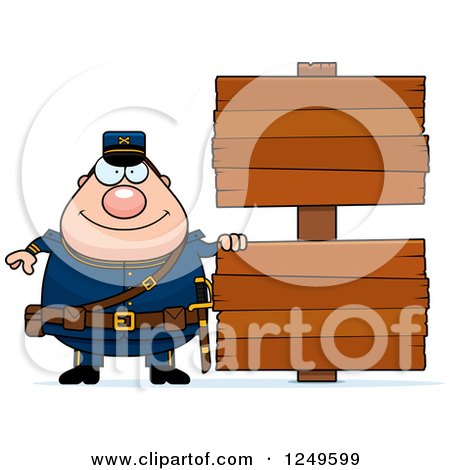 Clipart of a Happy Chubby Civil War Union Soldier Man with Wooden Signs - Royalty Free Vector Illustration by Cory Thoman