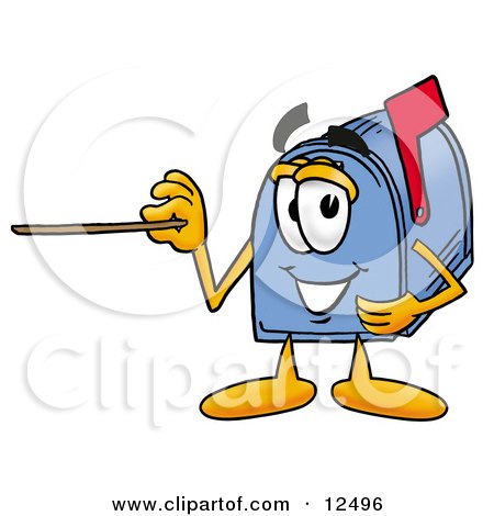 Clipart Picture of a Blue Postal Mailbox Cartoon Character Holding a Pointer Stick by Mascot Junction
