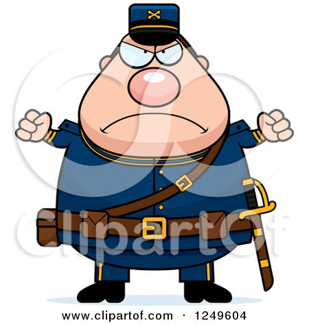 Clipart of a Mad Chubby Civil War Union Soldier Man with Balled Fists - Royalty Free Vector Illustration by Cory Thoman