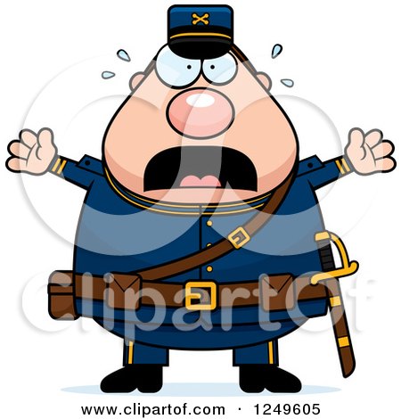 Clipart of a Scared Screaming Chubby Civil War Union Soldier Man - Royalty Free Vector Illustration by Cory Thoman