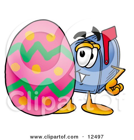 Clipart Picture of a Blue Postal Mailbox Cartoon Character Standing Beside an Easter Egg by Mascot Junction