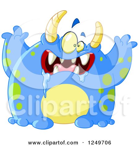 Clipart of a Blue Spotted Monster Drooling and Holding His Arms up - Royalty Free Vector Illustration by yayayoyo