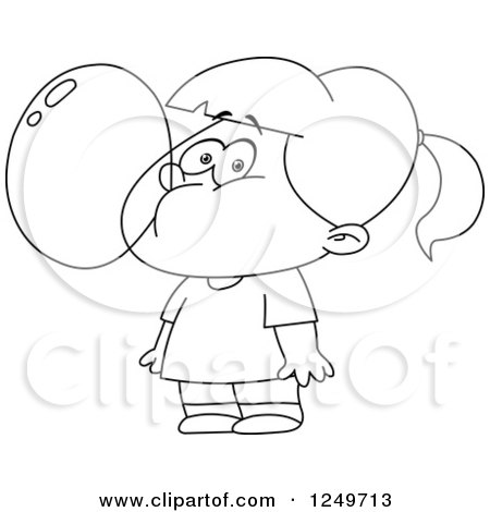 Clipart of a Black and White Little Girl Blowing a Bubble with Gum - Royalty Free Vector Illustration by yayayoyo