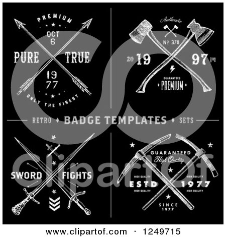 Clipart of Vintage Black and White Arrow Axe and Sword Label Designs with Sample Text - Royalty Free Vector Illustration by BestVector