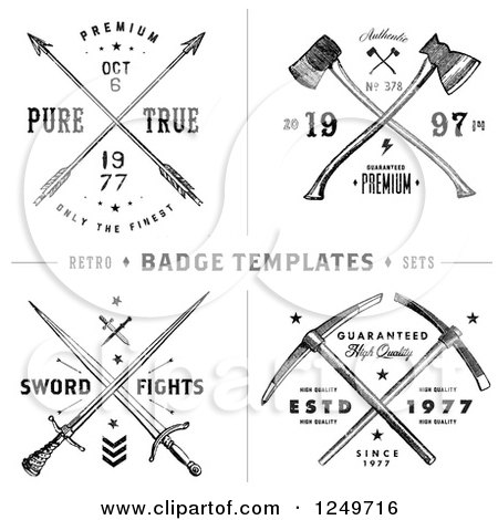 Clipart of Vintage Arrow Axe and Sword Label Designs with Sample Text - Royalty Free Vector Illustration by BestVector