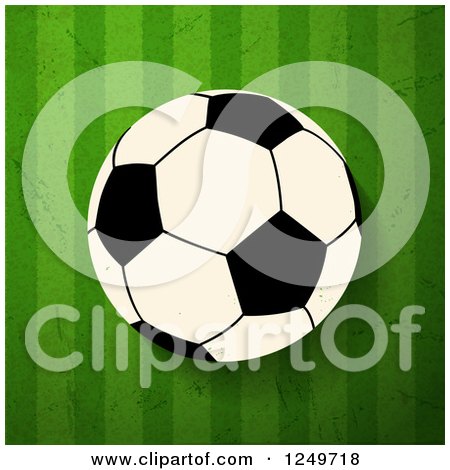 Clipart of a Football Soccer Ball over Distressed Green Stripes - Royalty Free Vector Illustration by elaineitalia