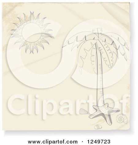 Clipart of a Sketched Palm Tree Starfish and Sun on a Piece of Paper - Royalty Free Vector Illustration by elaineitalia