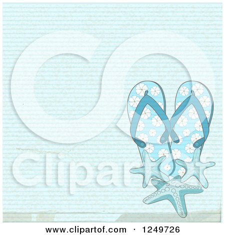 Clipart of a Distressed Lined Blue Background with Flip Flops and Starfish - Royalty Free Vector Illustration by elaineitalia