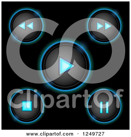 Clipart of 3d Black and Neon Blue Glowing Media Video Control Buttons - Royalty Free Vector Illustration by elaineitalia