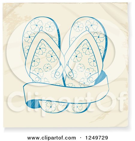 Clipart of Sketced Blue Flip Flops and a Banner on Wrinkled Paper - Royalty Free Vector Illustration by elaineitalia