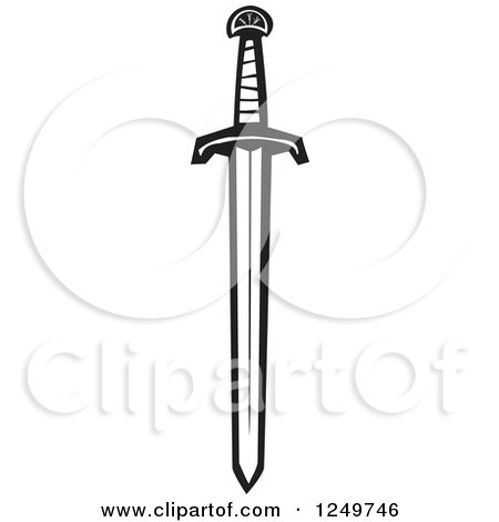 Clipart of a Black and White Woodcut Long Sword - Royalty Free Vector Illustration by xunantunich
