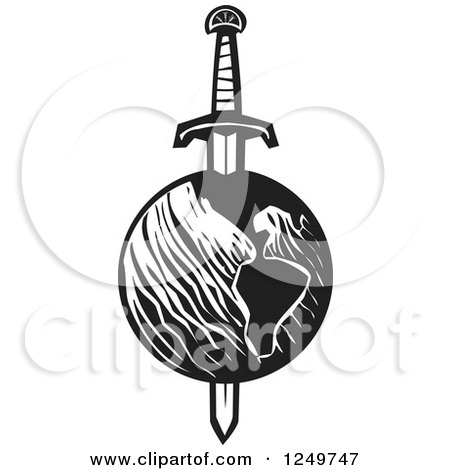 Clipart of a Black and White Woodcut Earth Impaled with a Sword - Royalty Free Vector Illustration by xunantunich