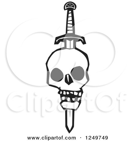 Clipart of a Black and White Woodcut Skull Impaled with a Sword - Royalty Free Vector Illustration by xunantunich