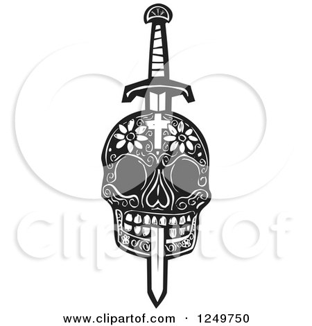 Clipart of a Black and White Woodcut Floral Skull Impaled by a Sword - Royalty Free Vector Illustration by xunantunich