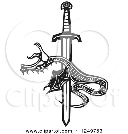 Clipart of a Black and White Woodcut Dragon over a Sword down - Royalty Free Vector Illustration by xunantunich