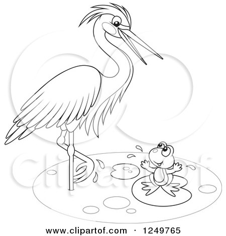 Clipart of a Black and White Wading Heron Bird Talking to a Frog on a Lily Pad - Royalty Free Vector Illustration by Alex Bannykh