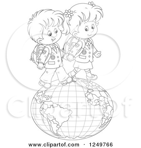Clipart of Black and White School Children Walking on a Globe - Royalty Free Vector Illustration by Alex Bannykh