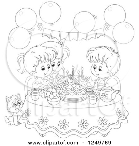 Clipart of Black and White Children and a Cat Celebrating a Birthday - Royalty Free Vector Illustration by Alex Bannykh