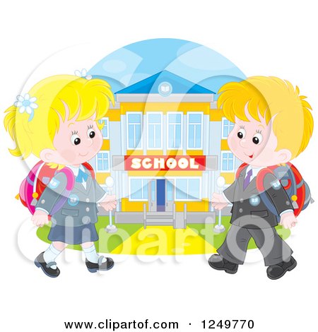 Clipart of Blond Caucasian School Children Walking to a Building - Royalty Free Vector Illustration by Alex Bannykh