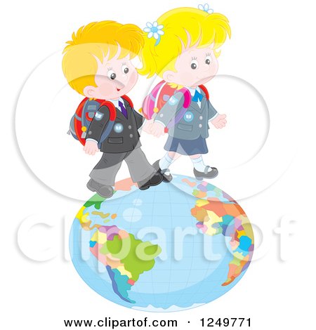 Clipart of Blond Caucasian School Children Walking on a Globe - Royalty Free Vector Illustration by Alex Bannykh
