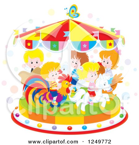 Clipart of Happy Children Riding Animals on a Carousel - Royalty Free Vector Illustration by Alex Bannykh