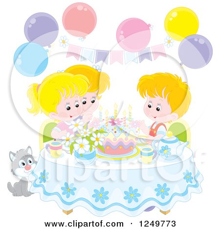 Clipart of Blond Caucasian Children and a Cat Celebrating a Birthday - Royalty Free Vector Illustration by Alex Bannykh
