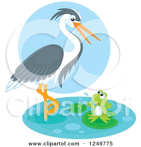 Clipart of a Wading Heron Bird Talking to a Frog on a Lily Pad - Royalty Free Vector Illustration by Alex Bannykh