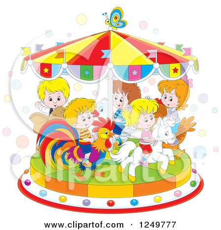 Clipart of Caucasian Children Riding Animals on a Carousel - Royalty Free Vector Illustration by Alex Bannykh